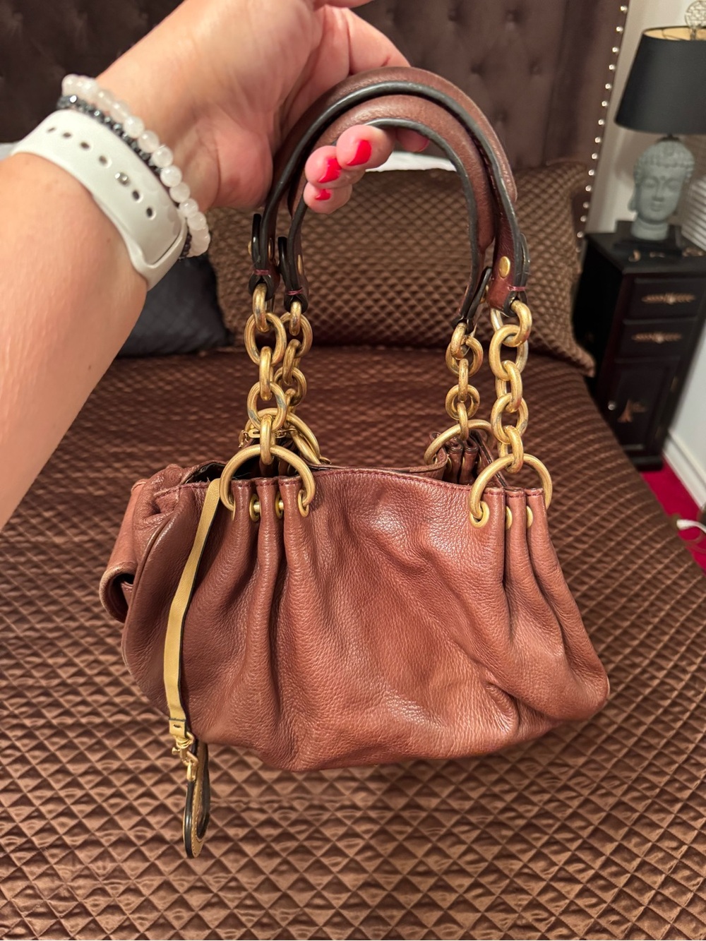 Vintage Juicy Coture Brown Leather Chain-Handle Women's Hobo Shoulder Bag - Picture 2 of 14